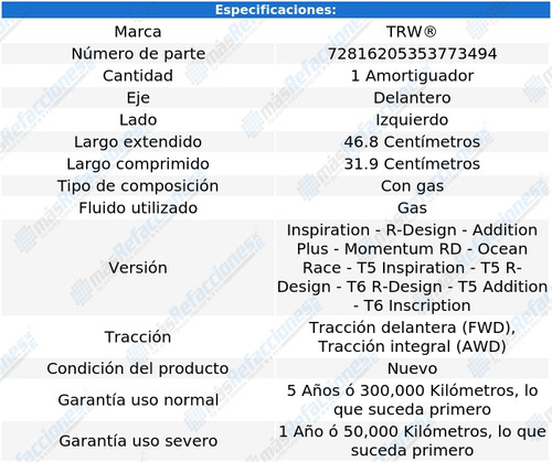 Amortiguador Gas Delantero Izquierdo Xc60 De 2010 A 2017 Trw Foto 2