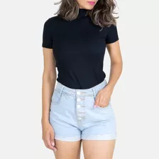 Blusa Manga Curta Canelada Gola Alta Feminina Modeni