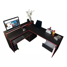 Escritorio En L Melamina Premium Gamer Pc Playstation Xbox Color Negro/rojo