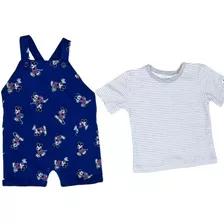 Jardineira Azul Marinho Com Camiseta Listrado Mickey Disney