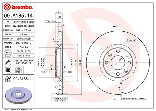 Discos Peugeot 3008 Base 2015 09.a185.11 302mm Brembo Foto 2