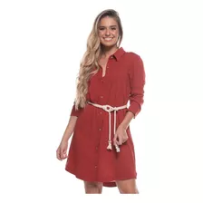 Chemise Manga Longa Viscose Com Cinto Terra