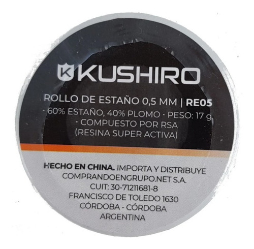 Rollo Kushiro Re05 60% Estaño 40% Plomo Soldadura 17g 0.5mm