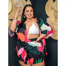 Kimono Feminino Plus Size Saida Praia Curto Estampado Verão