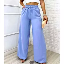 Calça Pantalona Wide Leg C/bolso Cintura Alta Cós Elástico