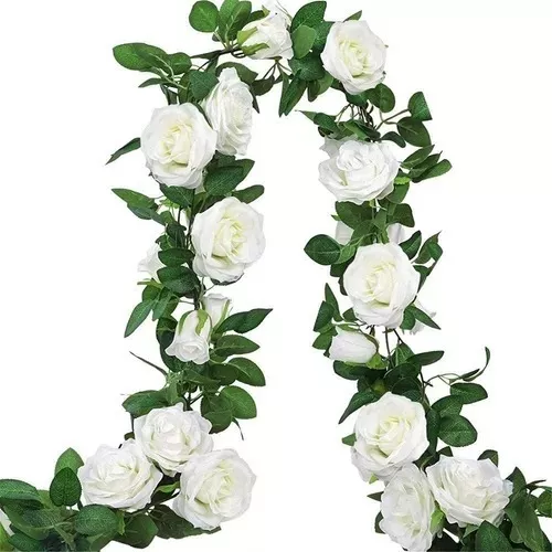 Guirnalda Flores Artificiales Blancas Hojas Deco Jardin 2mt