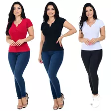 Combo 3 Blusa Feminina Basiquinha Manga Curta Moda Casual 