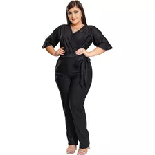 Macacão Longo Plus Size Manga Boca De Sino Decote V Luxo 