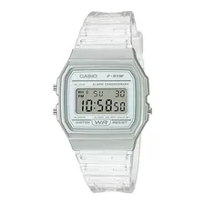 Reloj Pulsera Casio Collection F-91 De Cuerpo Color Plateado, Digital, Para Hombre, Fondo Gris, Con Correa De Resina Color Transparente, Dial Negro, Minutero/segundero Negro, Bisel Color Plateado Y He