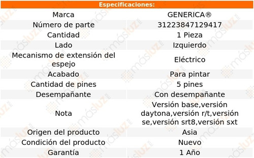 Espejo Izq Elect P/pintar C/desemp 5 Pines Charger 06/10 Foto 2