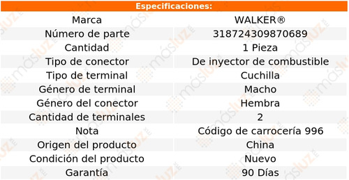 1- Conector Inyector Combustible 911 H6 3.6l 02/05 Walker Foto 3