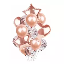 Set 14 Globos Confetis+estrellas + Corazones Color Gold Rose