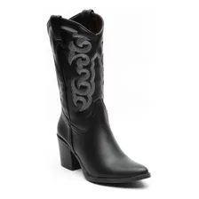 Bota Vaquera Con Tacón Ancho Color Negro Para Mujer 6004 O-i