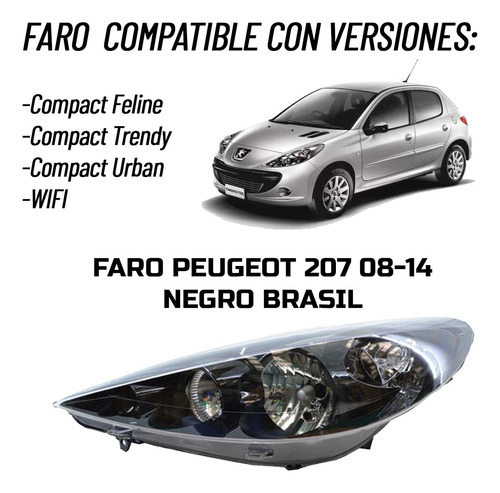 Faro Peugeot 207 2008 2009 2010 2011 2012 2014 Negro Brasil Foto 6