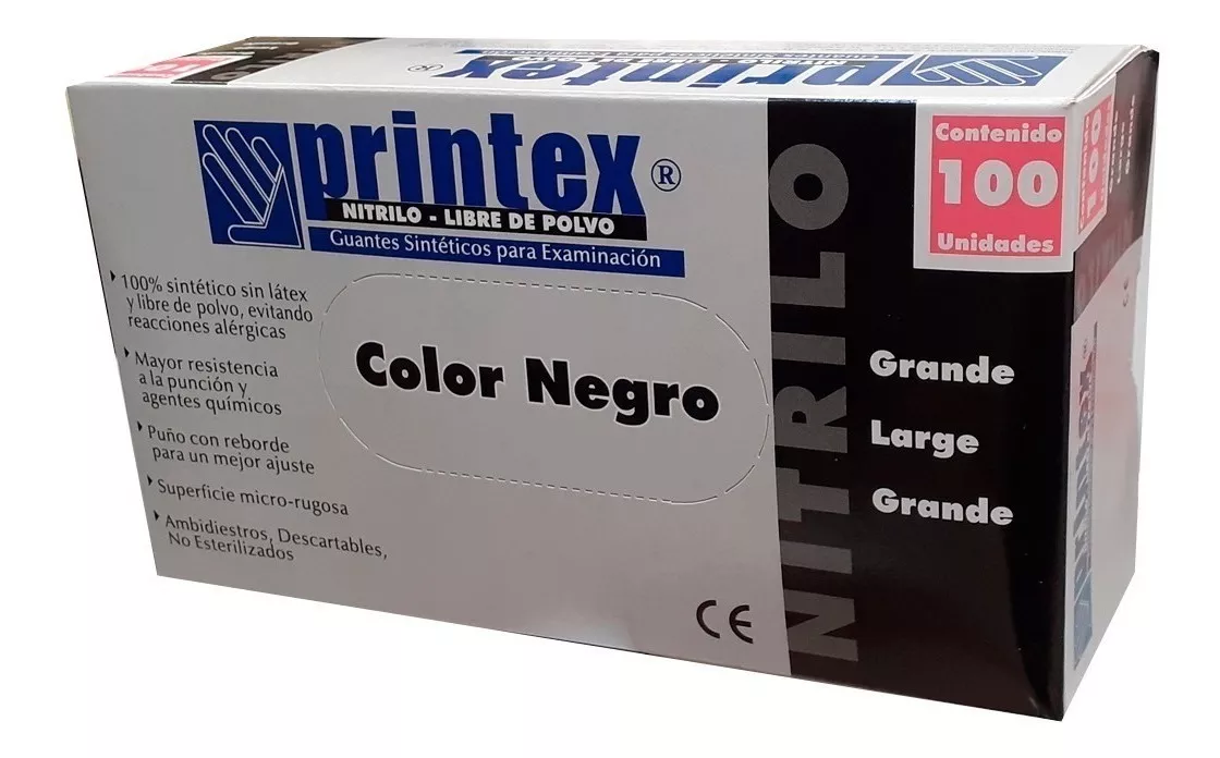 Guantes Descartables Printex Color Negro Talle L De Nitrilo X 100 Unidades