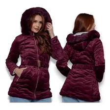 Parka Veludo Pelúcia C Cinto Peluciado Forrado Inverno Fem