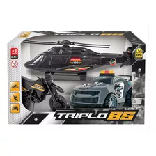 Kit 3 Veículos Brinquedo Policia Carrinho Helicóptero E Moto