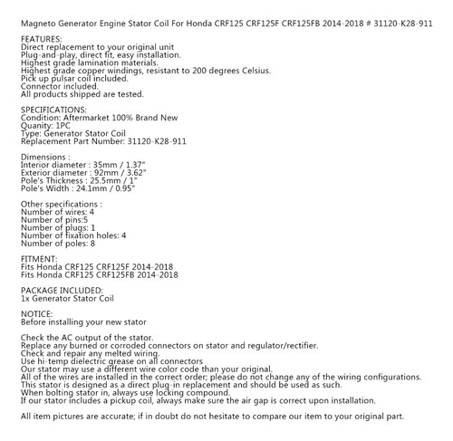Estator Para Honda Crf125 Crf 125 F/fb 2014-2018 31120-k28-9 Foto 2