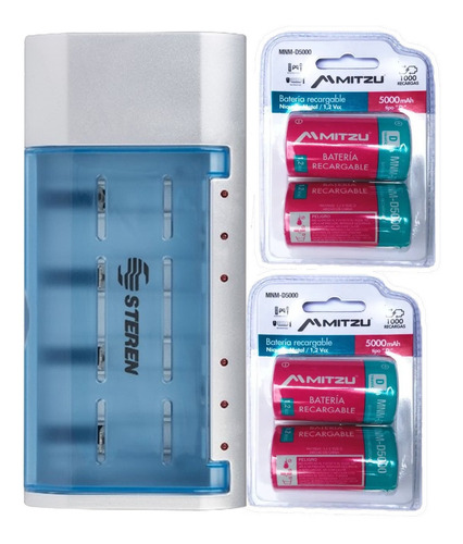 Kit Cargador + 4 Baterias Pila Recargable Tipo D 5000 Mah -*