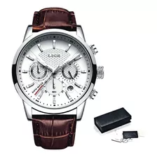 Reloj Elegante Para Hombre Lige 9866 Cuero Marrón Cronógrafo