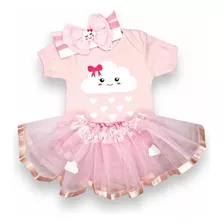 Body Bebê Mesversário Nuvem Rosa + Laço + Saia Tule Sainha