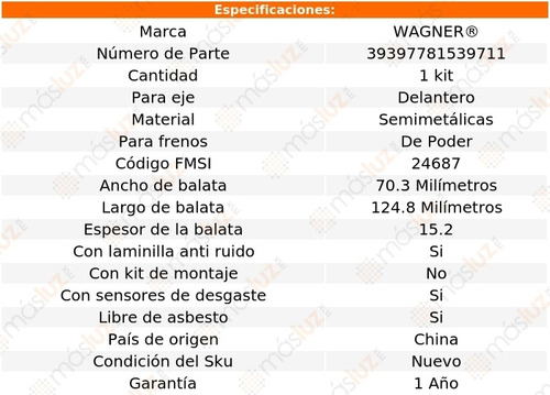 Kit Balatas Semimetalicas Del Mito L 4 1.4l 12 Wagner Foto 2