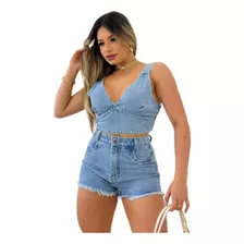 Conjunto Feminino Jeans Cropped Tomara Que Caia E Shorts