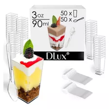 Dlux Mini Tazas De Postre Con Cucharas, 50 X 3 Oz, Cuadradas