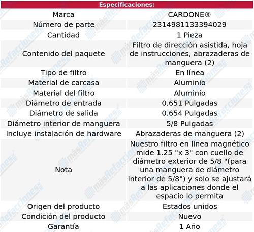 Filtro Hidrulico Direccin 5/8 Cardone Millenia 95-02 Foto 5