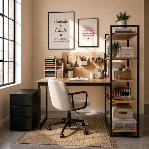 Kit Home Office Mesa Com Estante E Gaveteiro Organizador Preto/mel