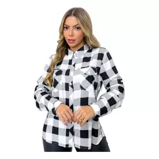 Camisa Xadrez Blusa Camisa Feminino Manga Longa Com Bolso