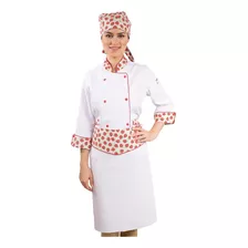 Kit Uniforme Chef De Cozinha Dólmã Feminino Avental Bandana