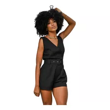 Macacão Moda Feminina Linho Curto Verão Casual + Cinto 