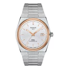 Reloj Pulsera Tissot T-classic Prx Powermatic 80 De Cuerpo Color Plata, Analógico, Para Hombre, Fondo Plata, Con Correa De Acero Inoxidable Color Plata, Agujas Color Oro Rosa Y Blanco, Dial Oro Rosa, 