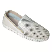 Tênis Slip On Casual Couro Luz Da Lua Branco Off/ouro/panna