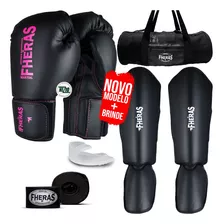 Kit Muay Thai Luva Pro Pink Caneleira Bandagem Bolsa 08oz