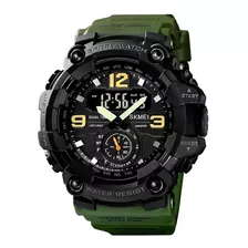 Reloj De Pulsera Skmei 1637 De Cuerpo Color Negro, Analógico-digital, Para Hombre, Fondo Negro, Con Correa De Poliuretano Color Verde, Agujas Color Verde Y Negro Y Blanco, Dial Amarillo Y Blanco, Sube