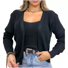 Conjunto Feminino Casaco Suéter De Tricô Com Cropped Regata