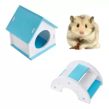 Kit Casa Refugio + Escada Ponte P/ Roedores Hamster Pet Azul