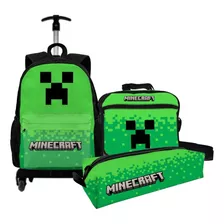 Kit Mochila Escolar Estojo Minecraft Tamanho Grande Rodinhas