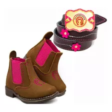 Kit Infantil Bota Feminina Rosa + Cinto C/ Fivela Cowboy