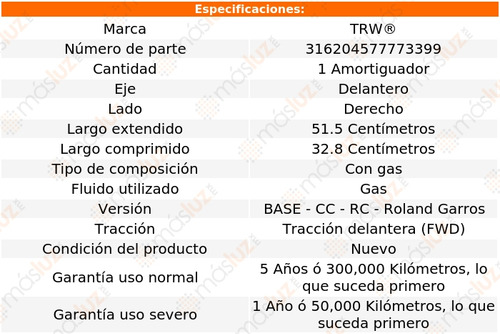 1- Amortiguador Gas Delantero Derecho 308 2009/2014 Trw Foto 2