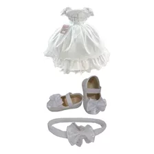 Vestido De Batizado Menina Sapatinho Bebe Branco Laço 