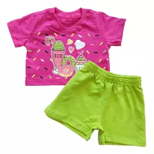 Conjunto Blusa + Short Estampado Moda Infantil Manga Cropped