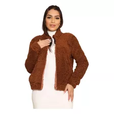 Casaco Teddy Com Zíper Blusa Feminina Moda Inverno Pelucia