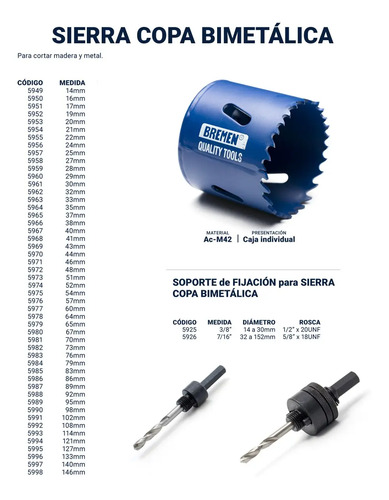 Mecha Copa Madera Metal Plastico Bremen 114mm Sierra Bimetal Cod. 5993 Dgm