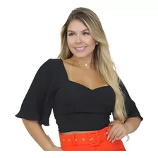 Cropped Social Com Mangas Plissadas Bojos E Laço