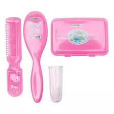 Kit Higiene Bebê Pente Escova Saboneteira Escova Massageador Cor Menina Rosa