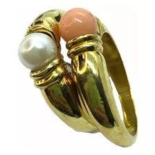 Anel Ouro 18k Com Pérola E Coral Peau D'ange