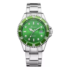 Relógio Masculino Prata Luxo Verde Com Caixa